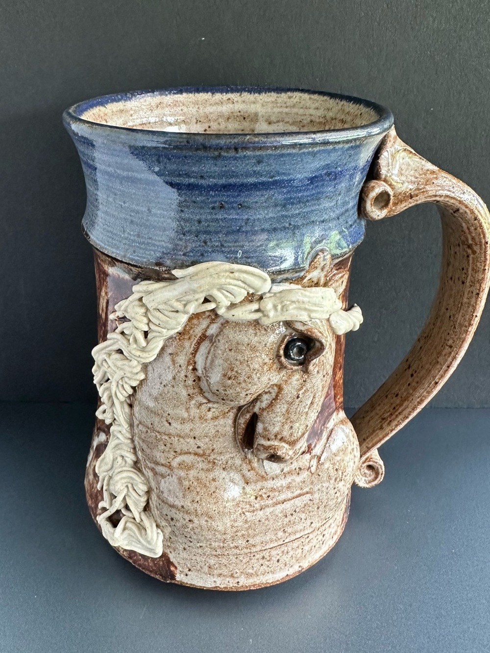 Vintage John Coiner Hand Thrown Pottery Large Unicorn Mug Tankard Brown Blue